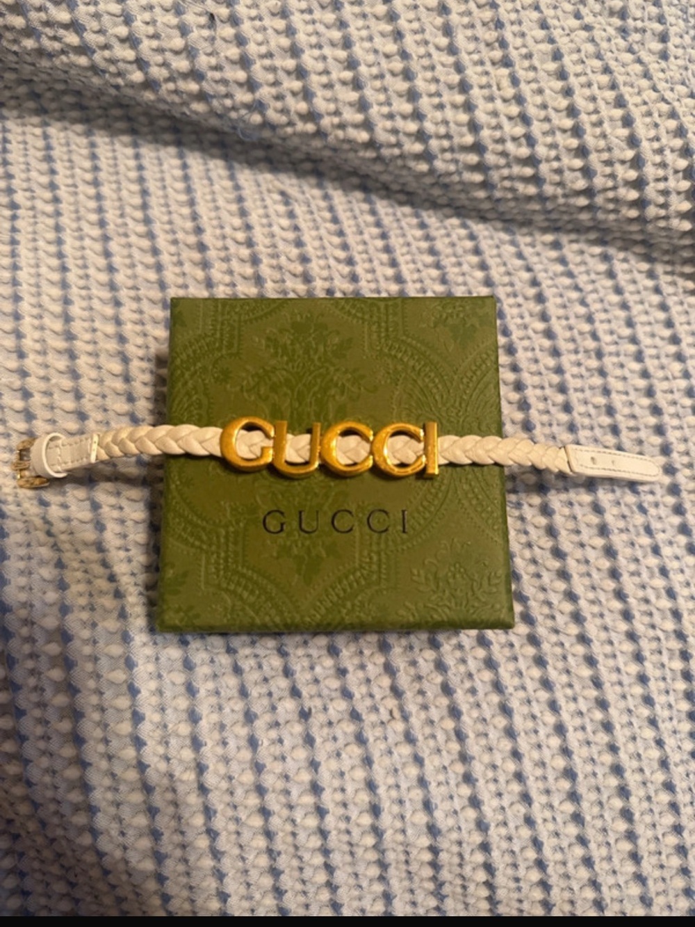 Gucci Gold Logo Braided White Leather Bracelet